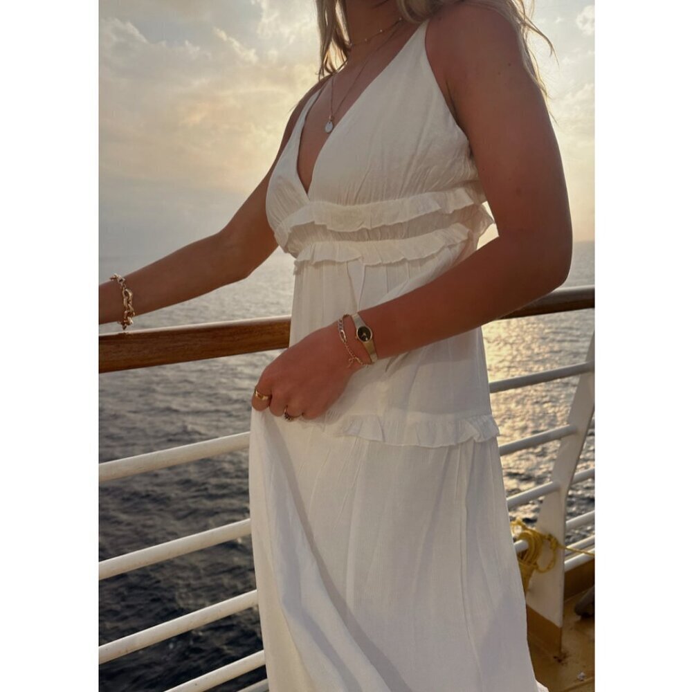 Ruffle Tiered Cotton Cream White Maxi Dress SZ M